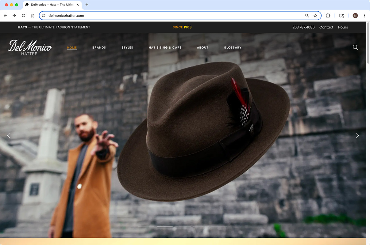 DelMonico Homepage, man throwing a brown hat