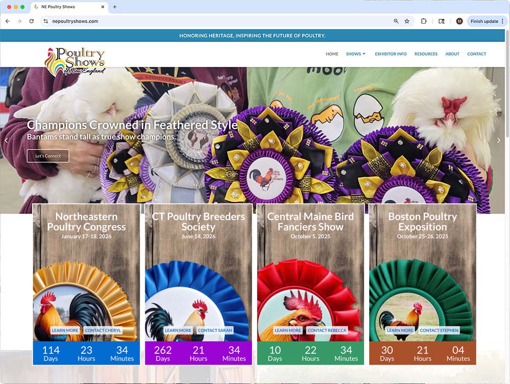 Poultry Shows landing page. Show ribbons and show dates.