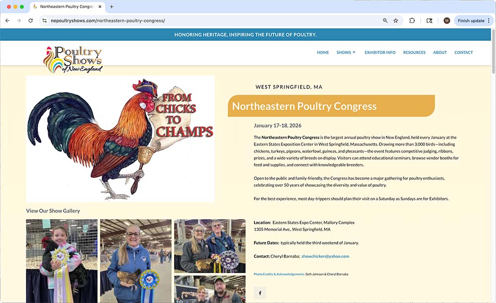 Inside page of the Poultry Shows website